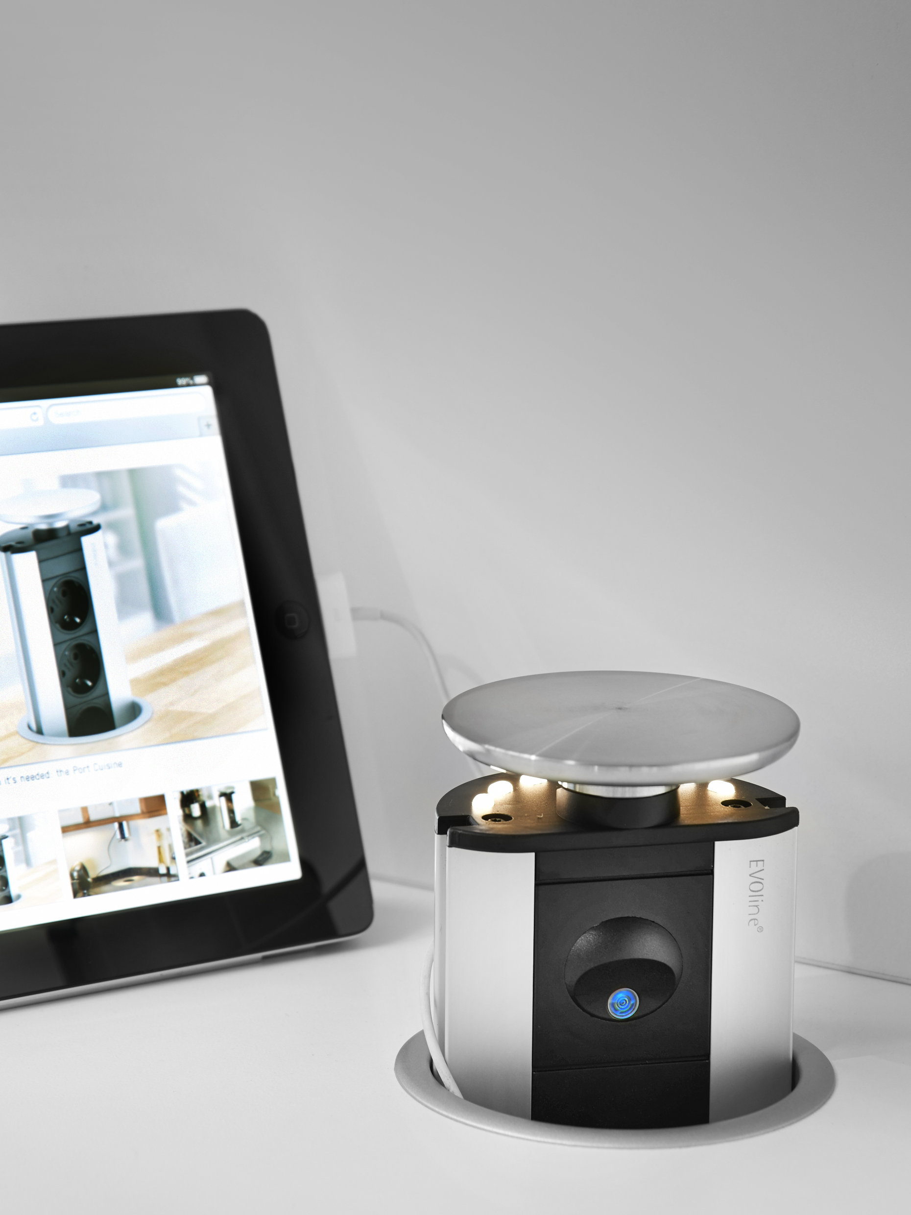 * EVOline retractable Port Nightlight in stainless steel with three sockets and two USB chargers from LDL.jpg